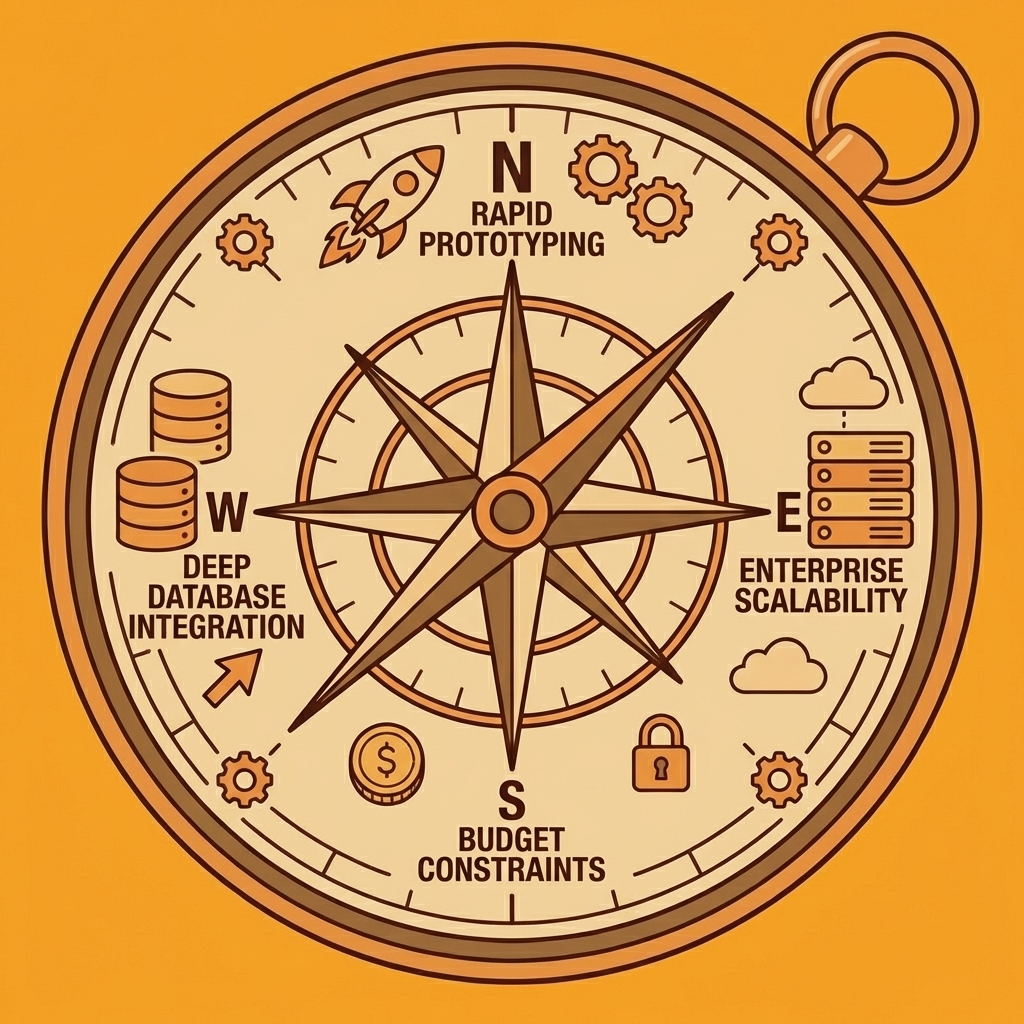 Compass with four directions representing rapid prototyping, enterprise scalability, budget constraints, and deep database integration